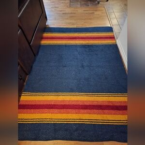 Pendleton Navy Blue With Red Orange Gold Stripes. Sherpa. Preowned 62x88